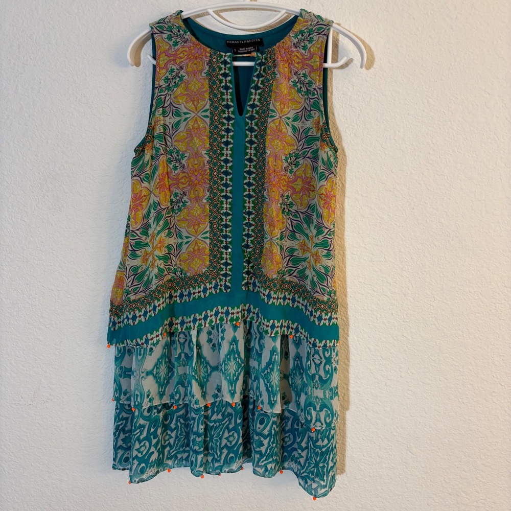 Hemant & Nandita Silk Mini Dress Size Small Teal Floral Paisley Boho